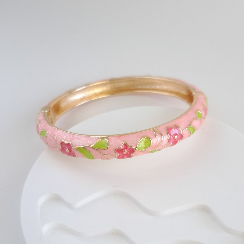 دستبند بنگل میناکاری صورتی گل صورتی *