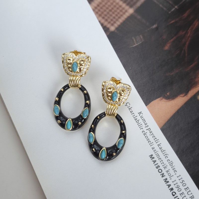 گوشواره وینتیج سنگ فیروزه و میناکاری مشکی*