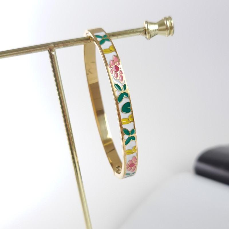 دستبند استیل باریک میناکاری پروانه و گل صورتی*