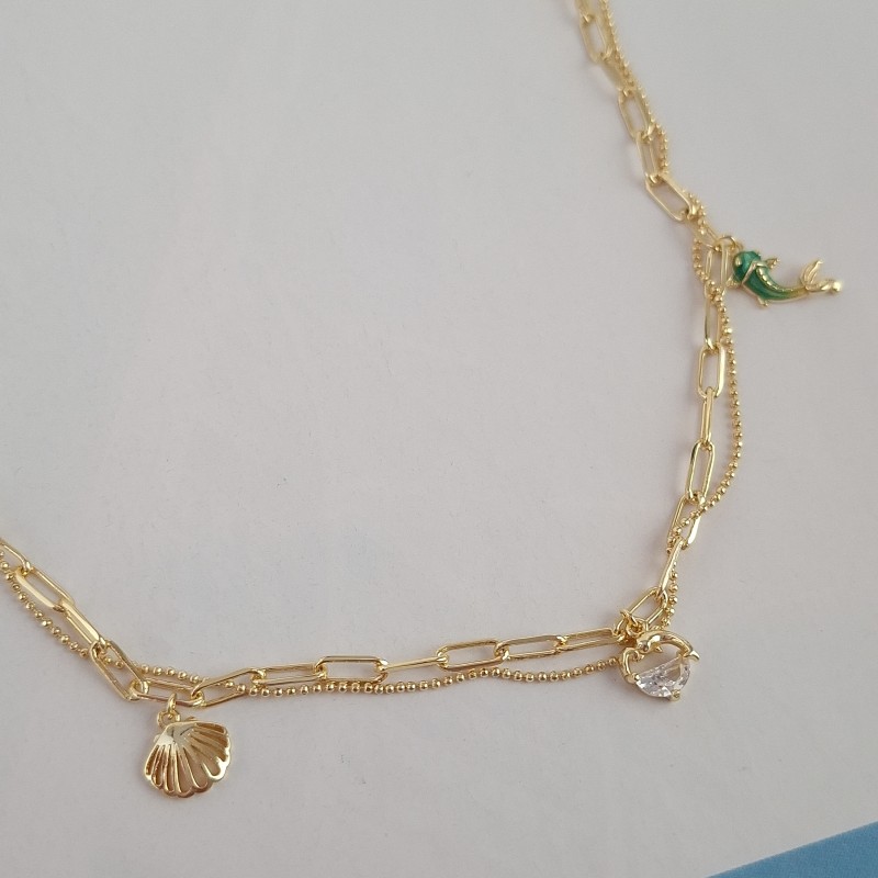 گردنبند زنجیر تابیده دوتایی آویز دلفین ماهی و صدف*