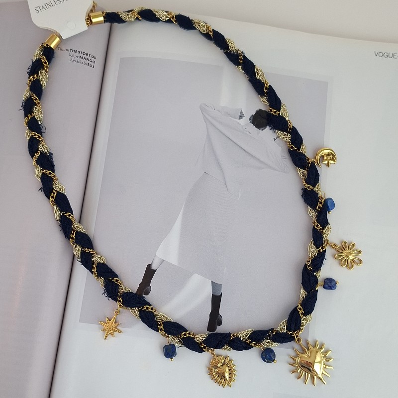 گردنبند بافت پارچه و زنجیر سورمه‌ای آویز قلب، گل و ماه*