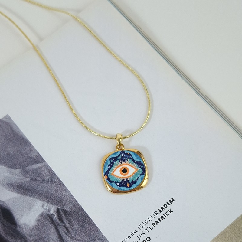 گردنبند مربعی چشم آبی و نارنجی استیل*