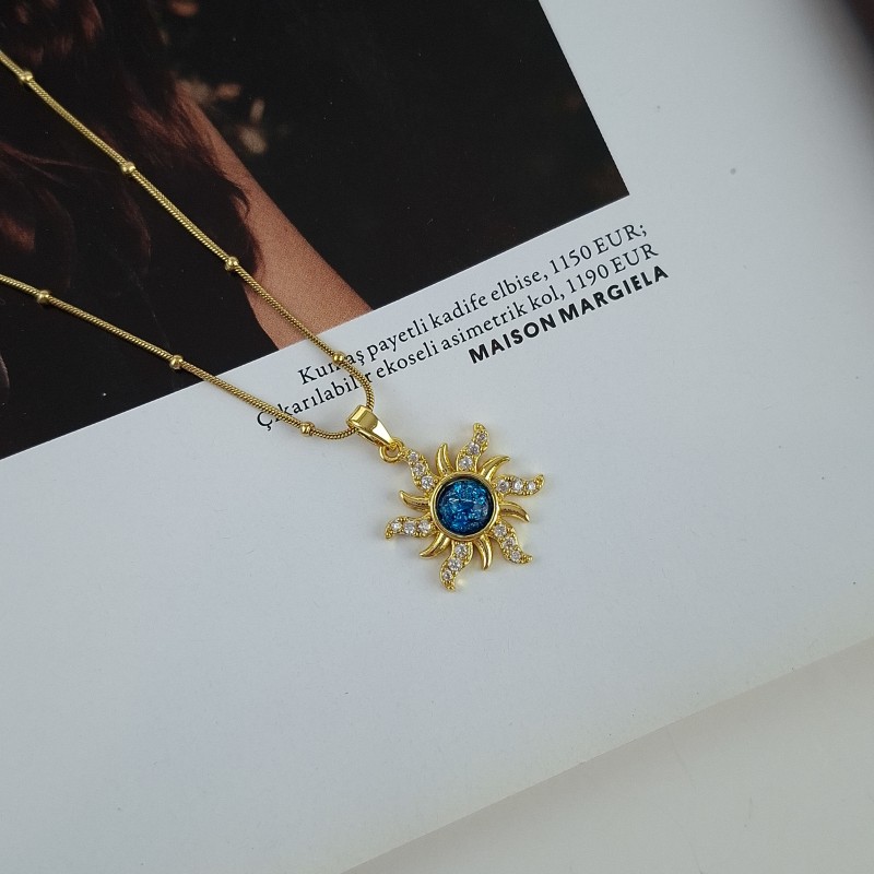 گردنبند خورشید نگین آبی زنجیر استیل*