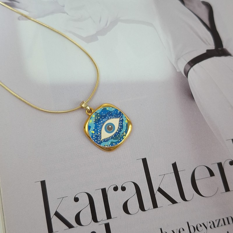 گردنبند مربعی چشم آبی استیل*