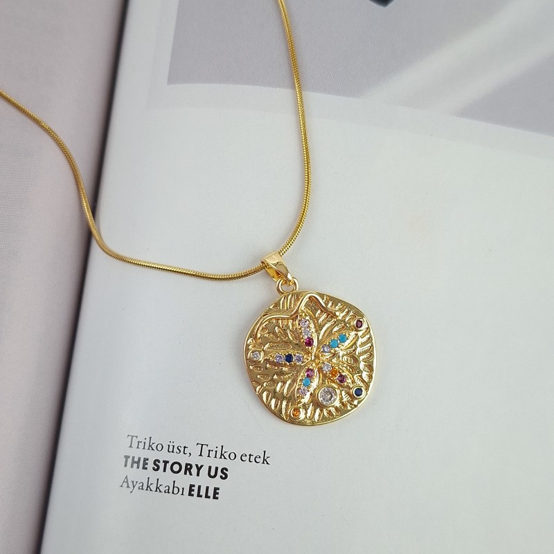 گردنبند دایره گل نگین مولتی کالر زنجیر استیل*