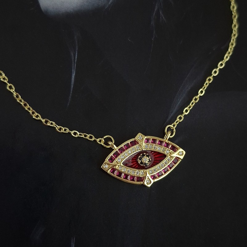 گردنبند چشم نگین و میناکاری قرمز