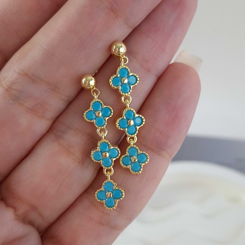 گوشواره سه گل ونکلیف آبی فیروزه ای *