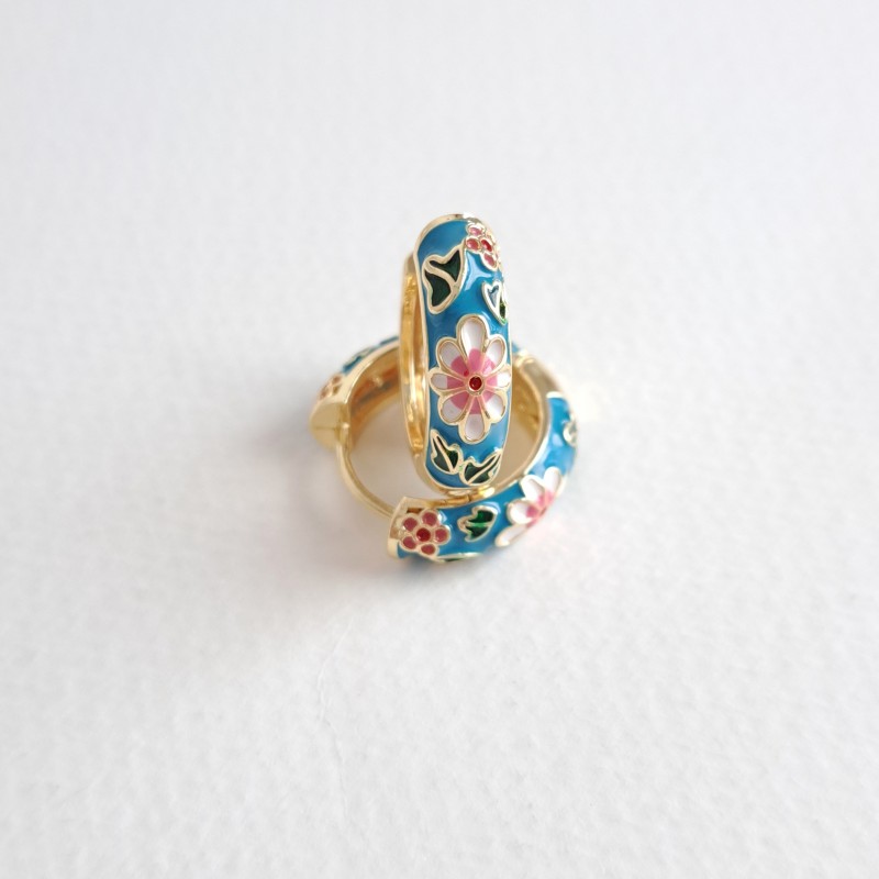 گوشواره میناکاری آبی گل سفید*