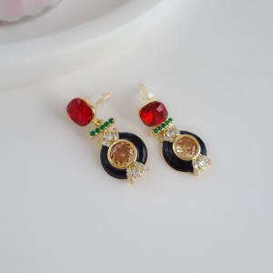 گوشواره دایره میناکاری مشکی نگین قرمز