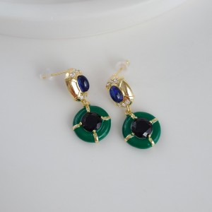 گوشواره دایره میناکاری سبز نگین آبی