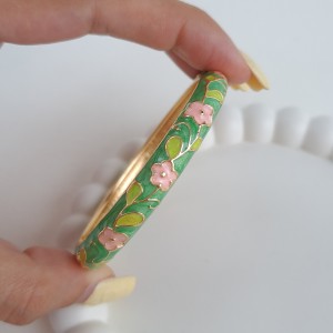 دستبند بنگل میناکاری سبز گل صورتی*