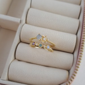 انگشتر دو ردیفه گل و نگین آبی*