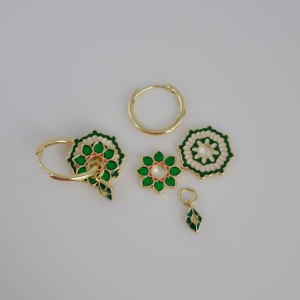 گوشواره واشری گل و آویز لوزی سبز *