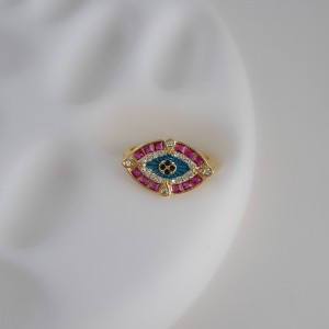 انگشتر چشم سبز باگت صورتی انگشت کوچک*