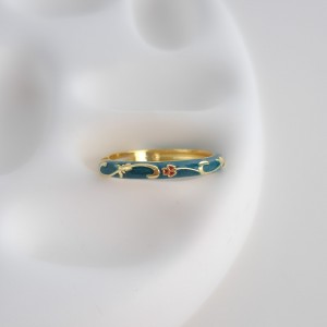 انگشتر رینگ نازک میناکاری سبزدریایی گل و شاخه طلایی