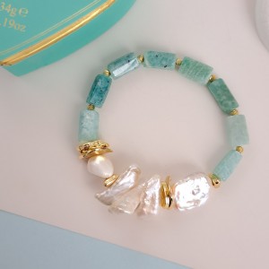 دستبند سنگ طبیعی آمازونیت با مروارید باروک*