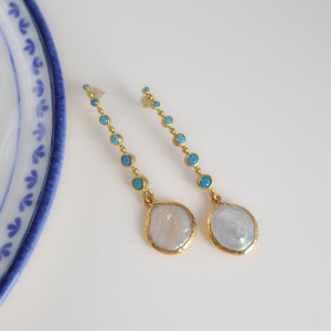 گوشواره بلند نگین فیروزه و مروارید باروک طبیعی*