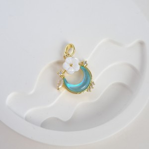 آویز بدون زنجیر ماه آبی و گل صدفی