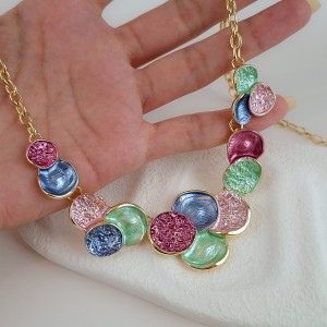گردنبند دایره گل نگین مولتی کالر زنجیر استیل*