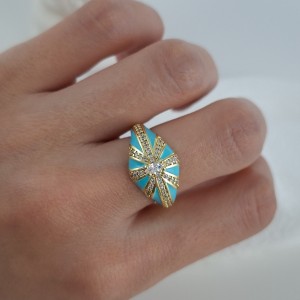 انگشتر دامله مینا کاری آبی فیروزه ای نگین زیرکنیوم*