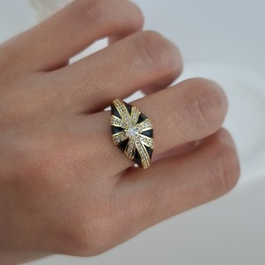 انگشتر دامله میناکاری مشکی نگین زیرکنیوم