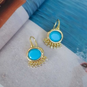 گوشواره بیضی فیروزه‌ای آویز نگین دایره*