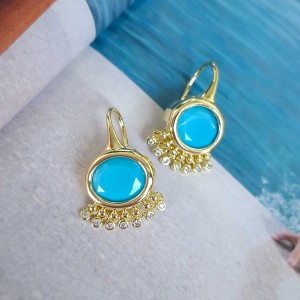 گوشواره بیضی فیروزه‌ای آویز نگین دایره*