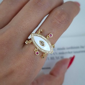 انگشتر چشم مینا کاری سفید آویز صورتی*