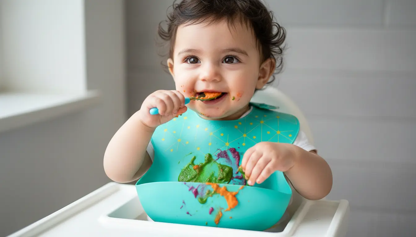 کودک در حال غذا خوردن با پیشبند سیلیکونی کاسه دار رنگی