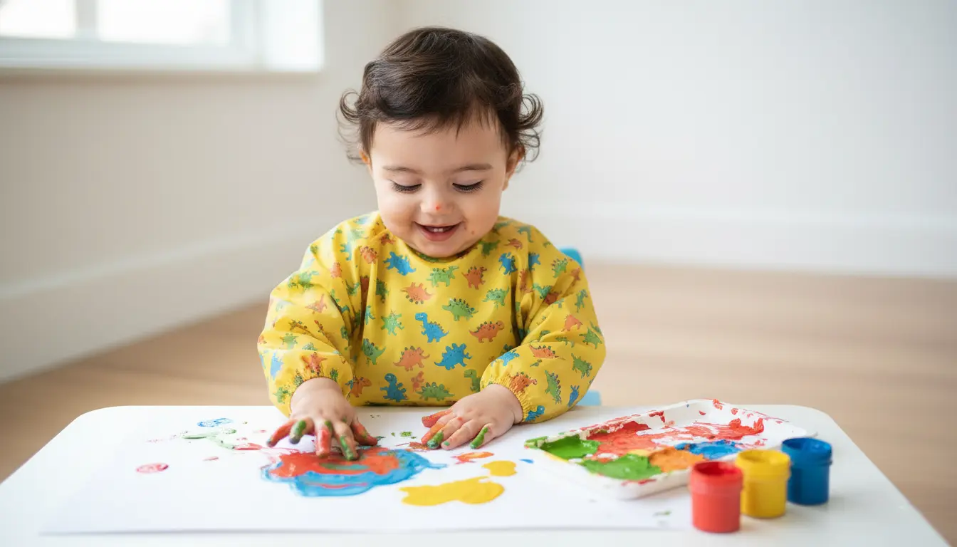 کودک نوپا با پیشبند آستین دار طرح دار در حال نقاشی