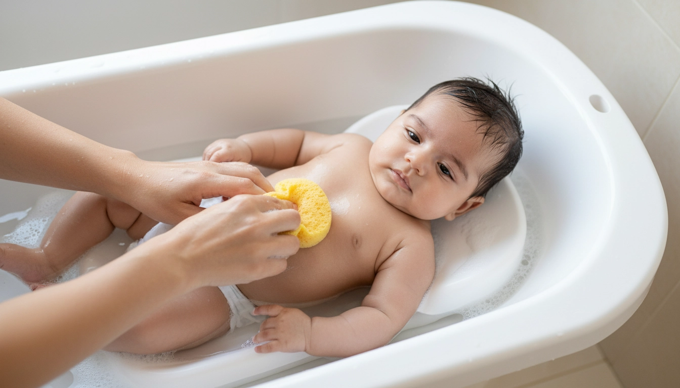 نوزاد در حال حمام کردن ایمن و آرام در وان مخصوص کودک با اسفنج نرم