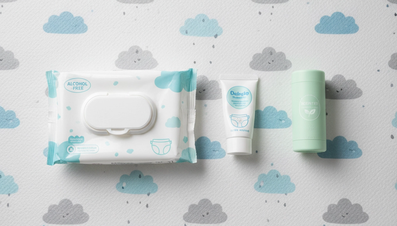 لوازم ضروری تعویض نوزاد شامل زیرانداز، دستمال مرطوب و کرم سوختگی