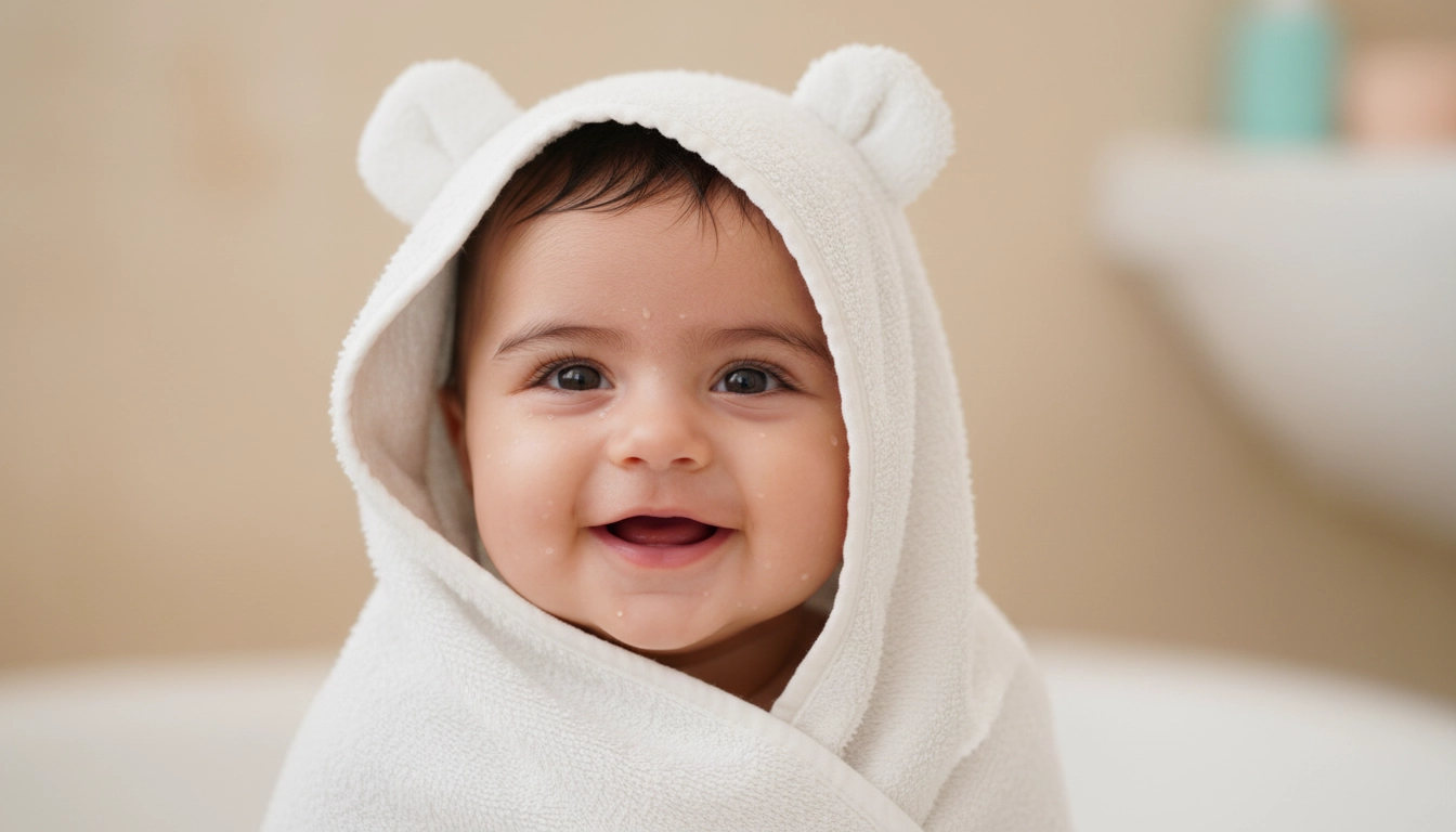 نوزاد ایرانی شاد و خشک پیچیده شده در حوله کلاه دار نرم بعد از حمام