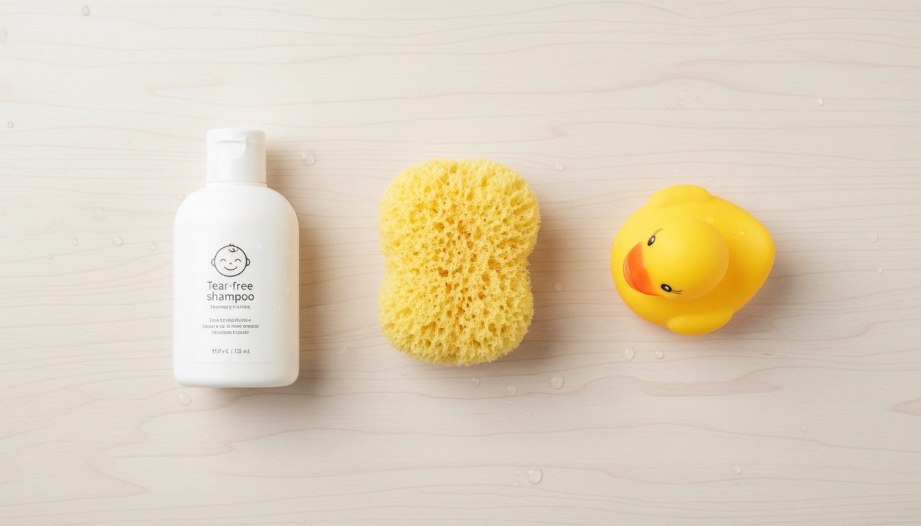 مجموعه لوازم حمام نوزاد شامل شامپو بدون اشک، اسفنج و اسباب بازی حمام