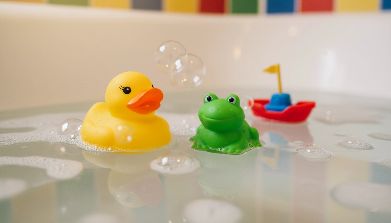 اسباب بازی های حمام رنگارنگ نوزاد شامل اردک و قایق شناور روی آب