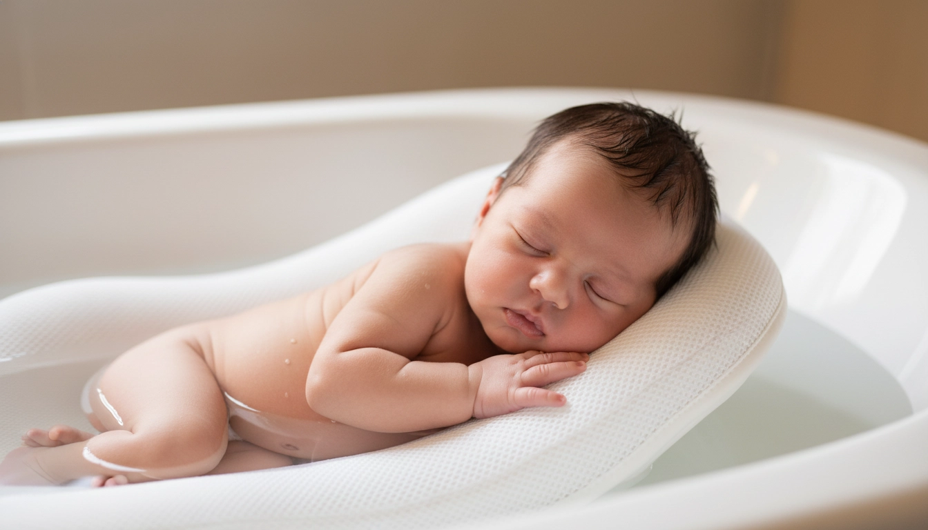 نوزاد تازه متولد شده در حال استراحت روی آسان شور توری نرم در وان حمام