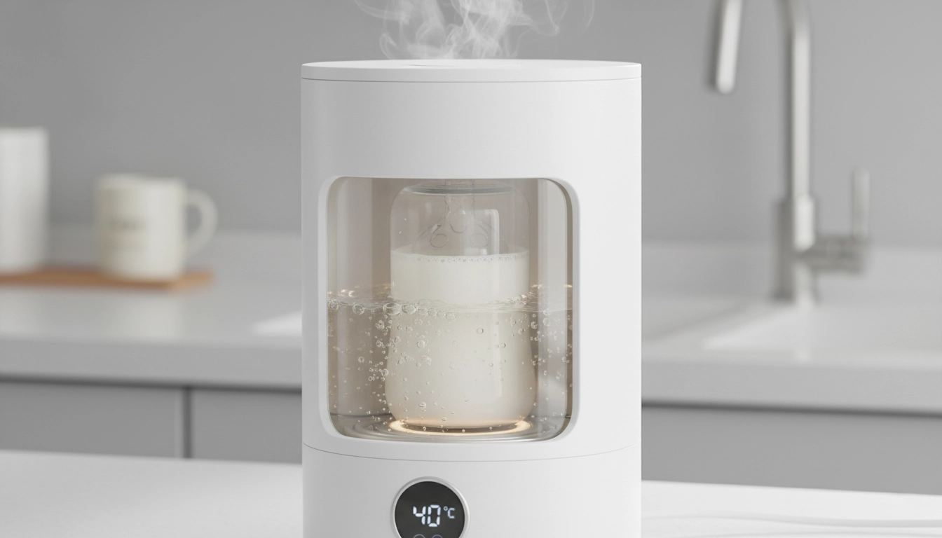 نمای نزدیک از گرم‌کننده شیشه شیر در حال گرم کردن یکنواخت و ایمن شیر نوزاد با حمام آب گرم