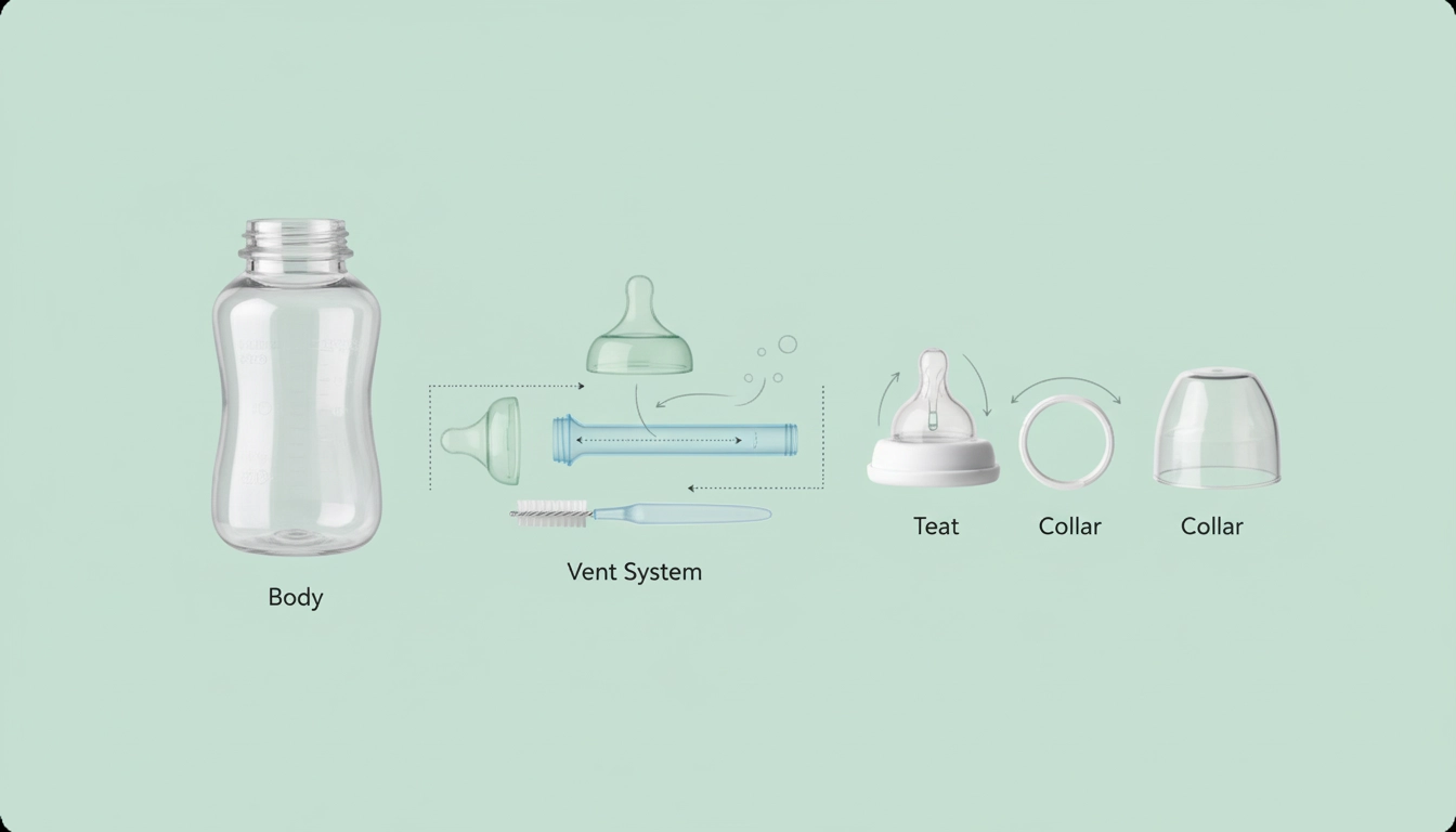 اجزای شیشه شیر آنتی کولیک و سیستم تهویه هوا برای جلوگیری از دل درد نوزاد