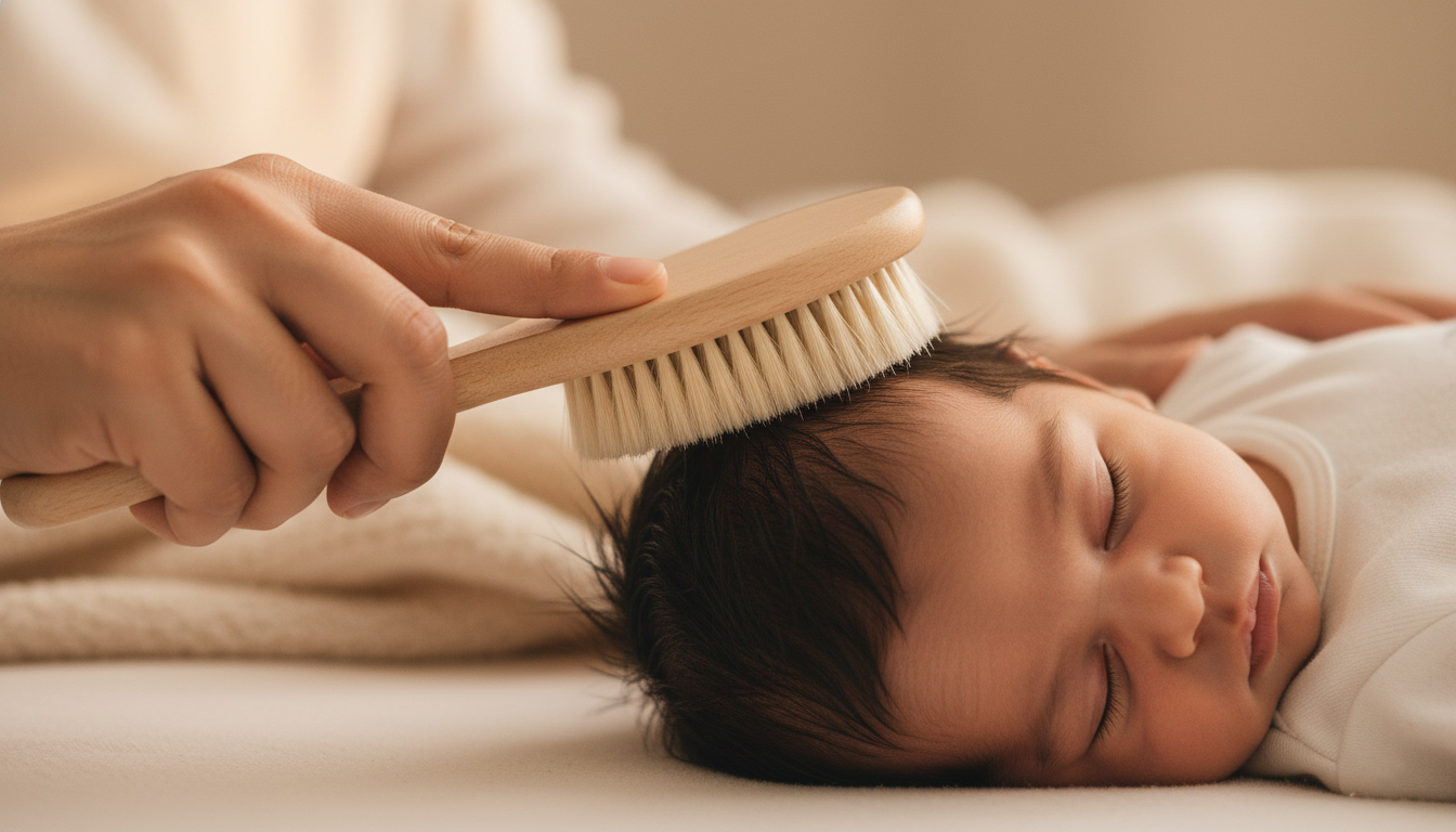 برس کشیدن ملایم موی نوزاد با برس نرم طبیعی برای ماساژ پوست سر