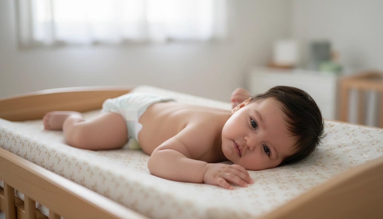 نوزاد در حال استراحت راحت روی زیرانداز تعویض پارچه‌ای و قابل شستشو در خانه