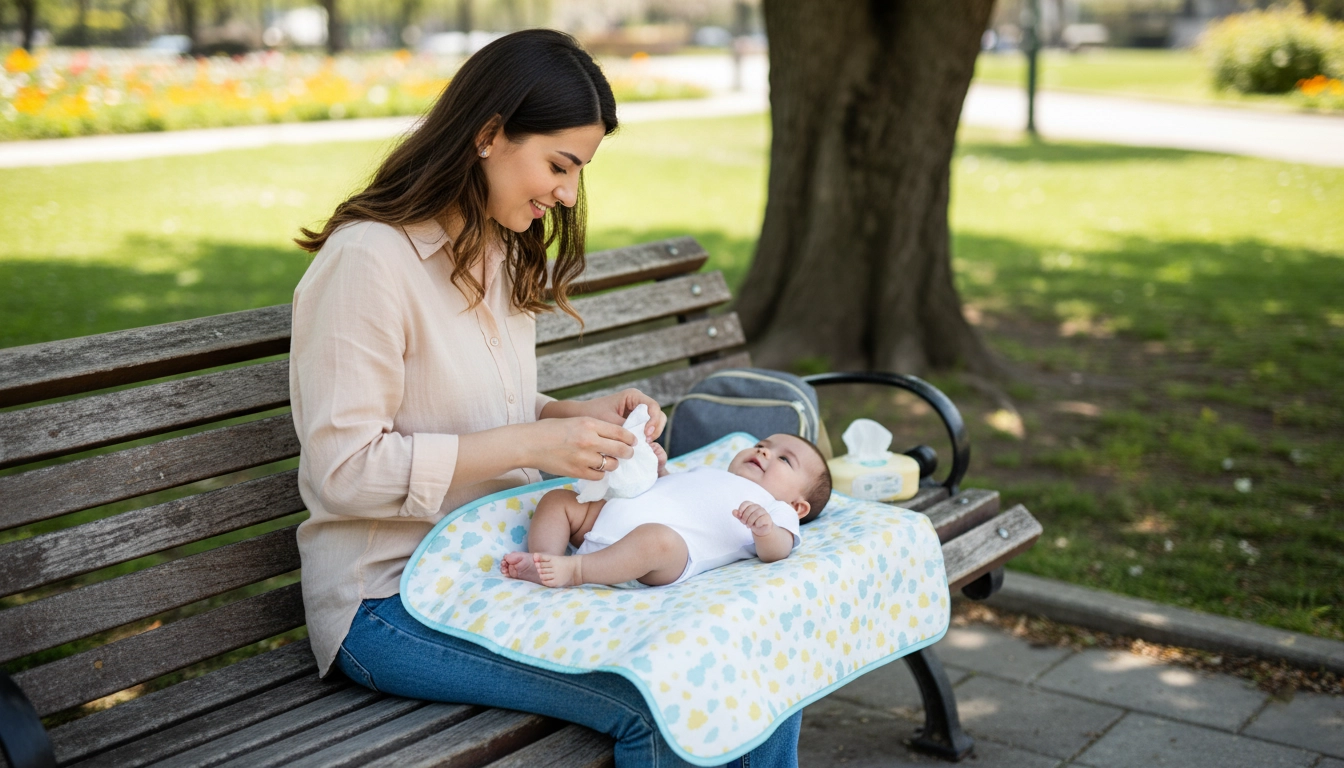 استفاده از زیرانداز تعویض ضدآب قابل حمل برای تعویض بهداشتی نوزاد در بیرون از خانه