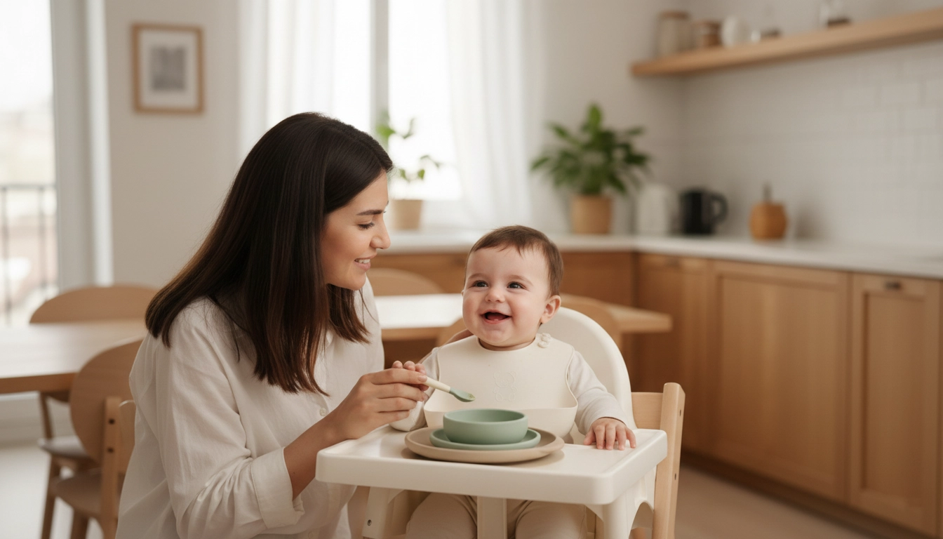 مادر ایرانی در حال غذا دادن به نوزاد شاد خود در صندلی غذاخوری کودک