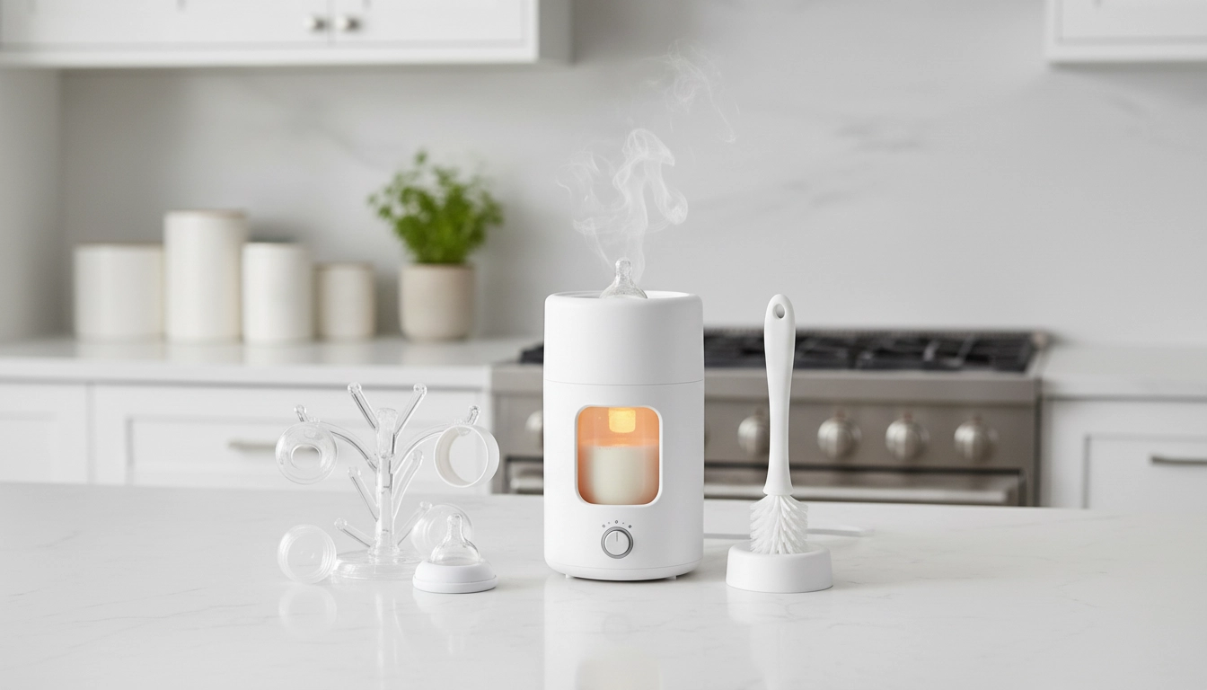 تصویری از لوازم آمادهسازی و بهداشتی غذا شامل گرمکن شیشه شیر و شیشه شور