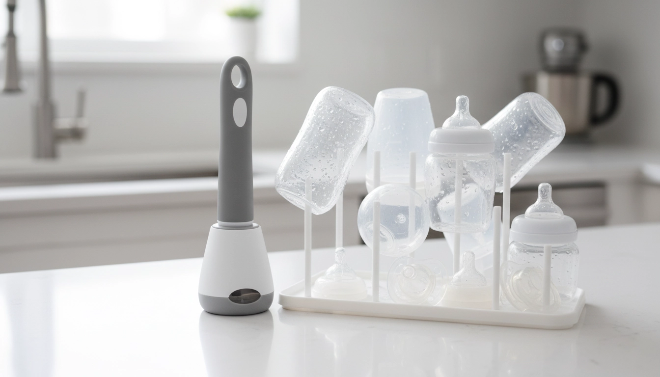 نمای نزدیک از شیشه شور و آبچکان برای خشک کردن بهداشتی لوازم غذای نوزاد