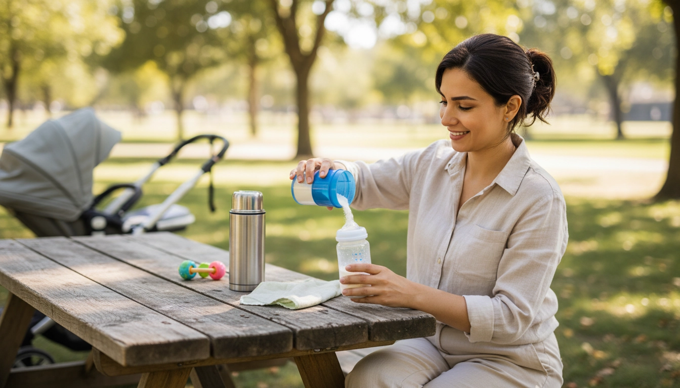 مادر ایرانی در حال آماده کردن شیر خشک نوزاد با انبار شیر خشک در پارک
