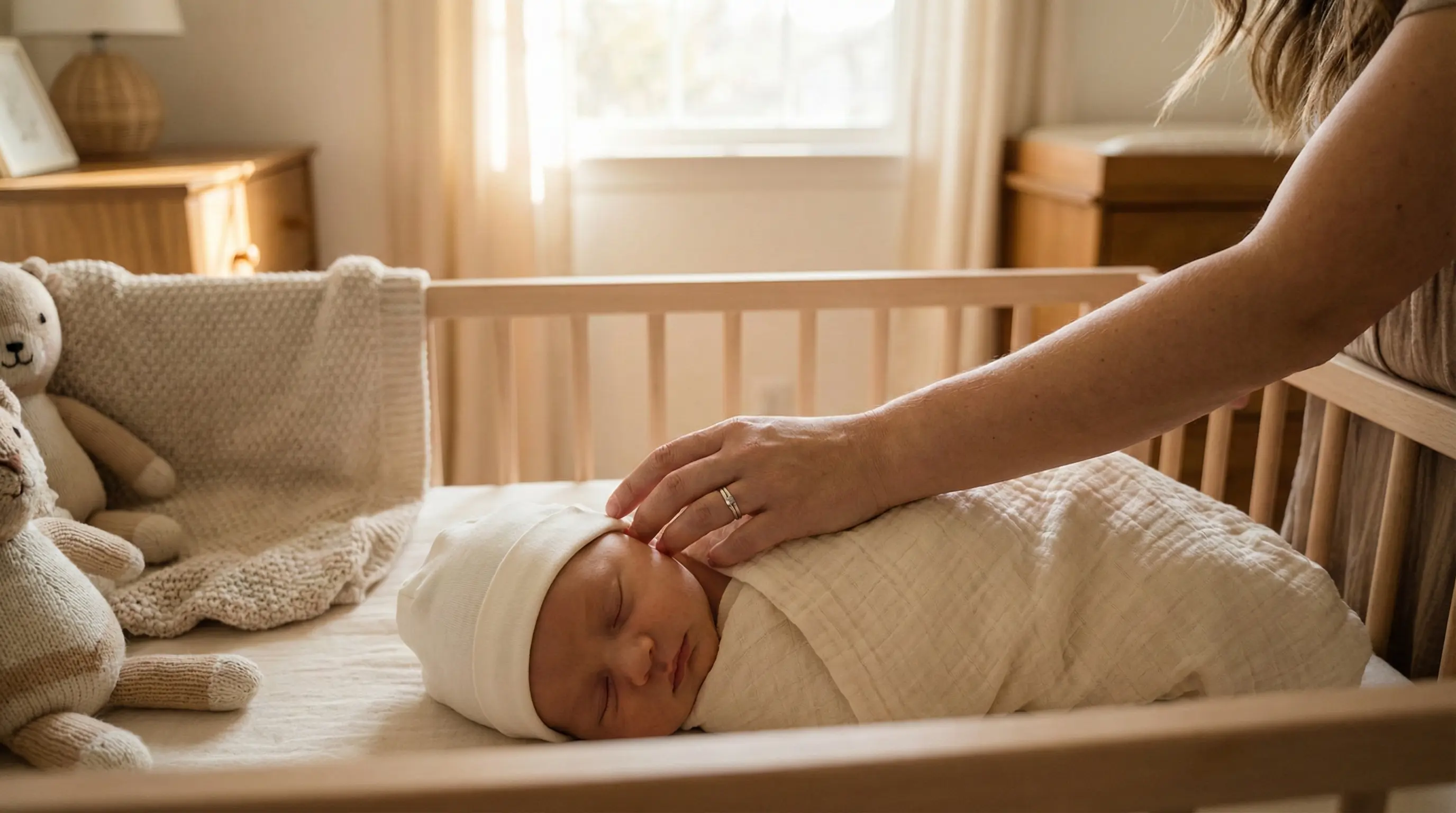 نوزاد تازه متولد شده در خواب آرام با کلاه نخی لطیف برای حفظ دمای بدن