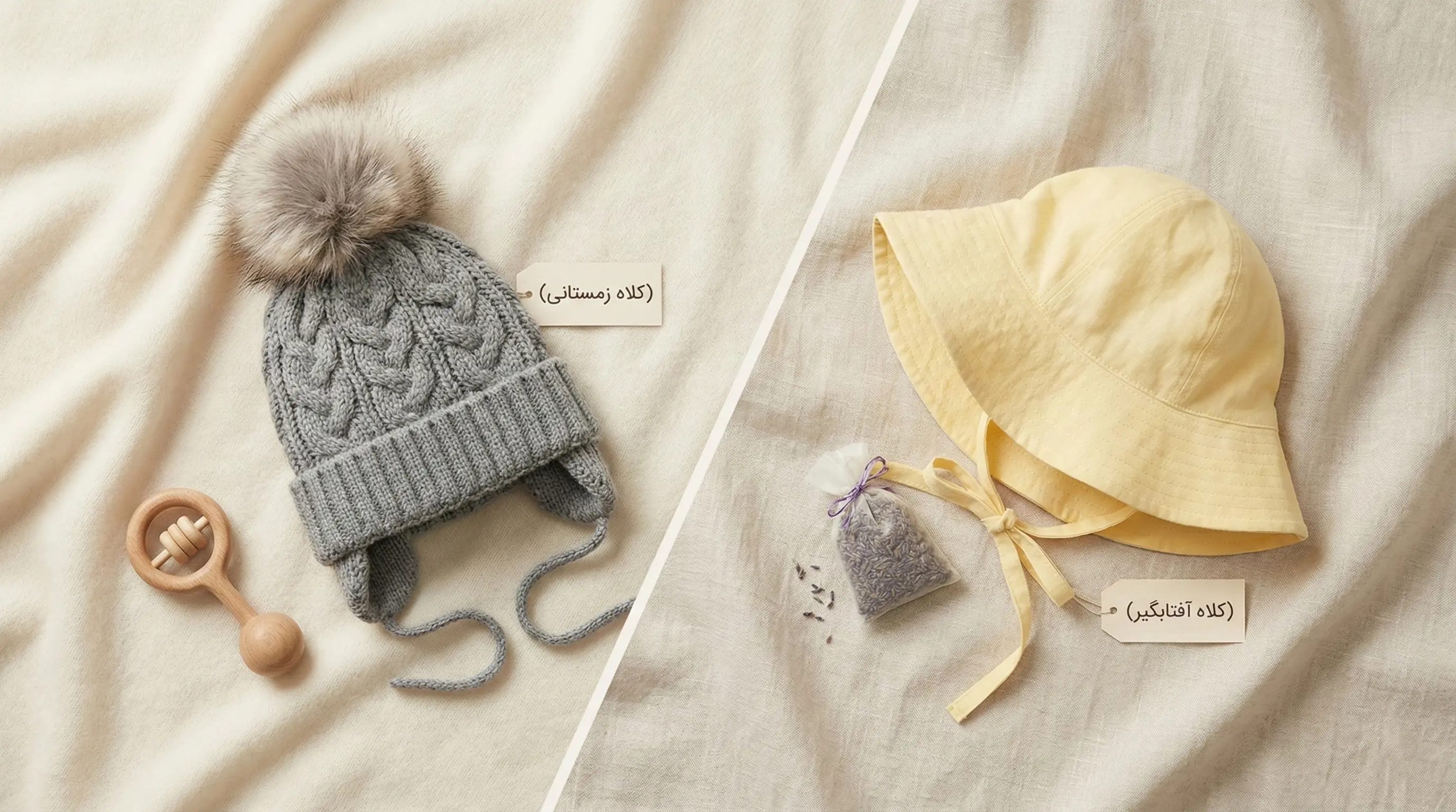 مقایسه بافت و ظاهر کلاه بافتنی گرم زمستانی با کلاه لبه‌دار خنک تابستانی نوزاد در محیطی لطیف