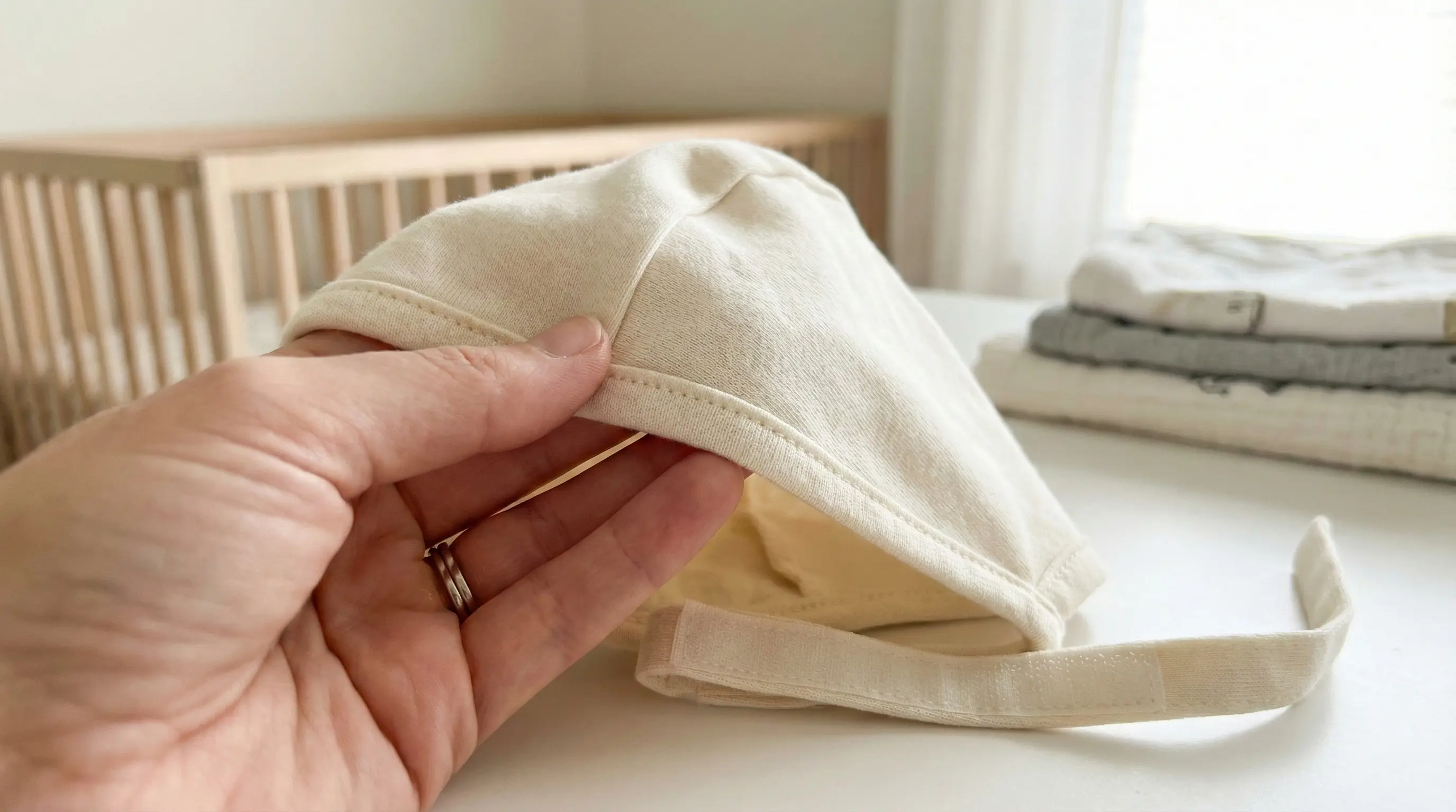 نمای نزدیک از لمس پارچه لطیف ۱۰۰٪ پنبه و دوخت ایمن کلاه نوزاد توسط دست مادر