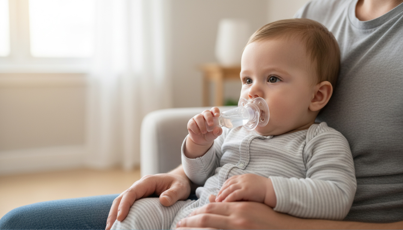نوزاد در حال خوردن دارو با استفاده از پستانک دارویی