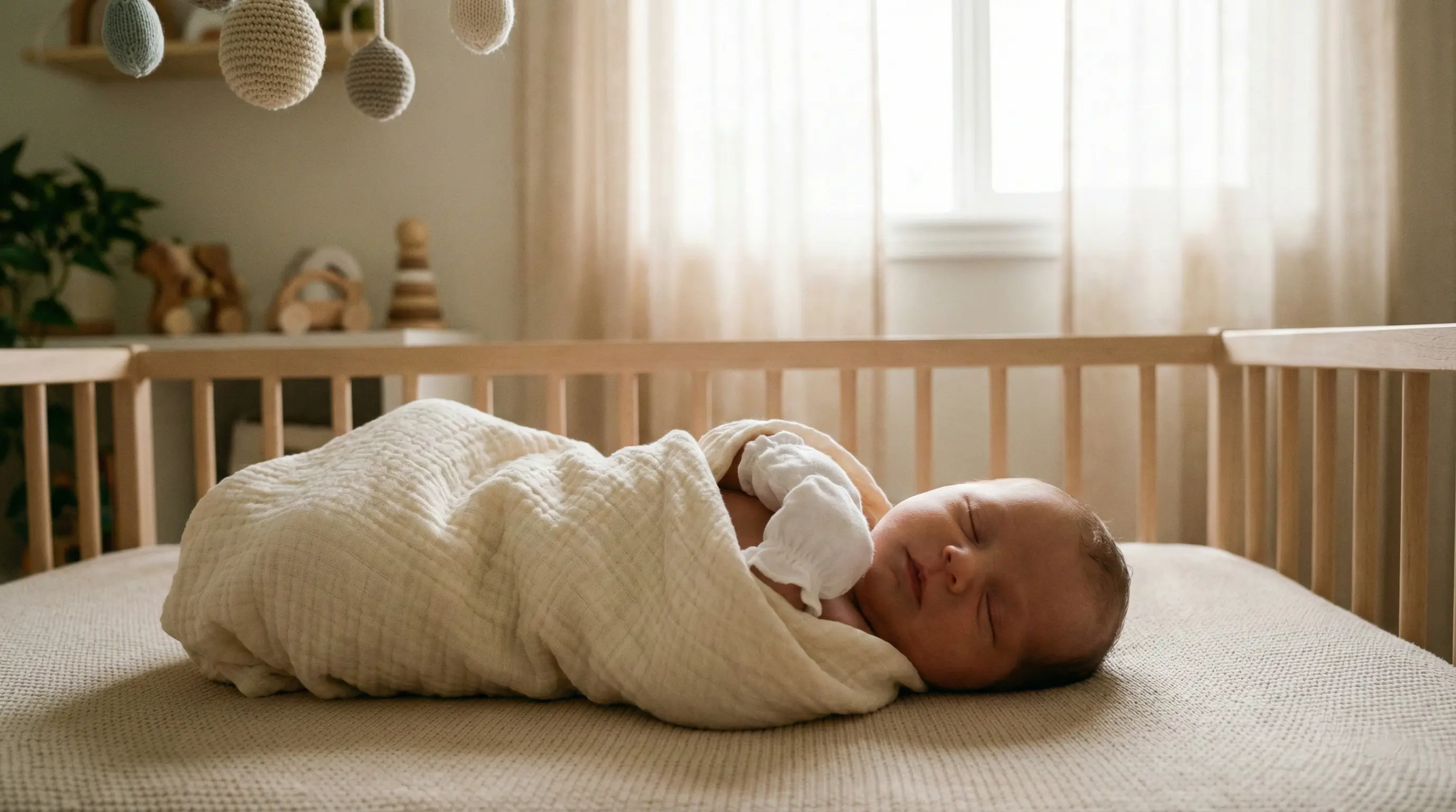 نوزاد تازه متولد شده در خواب آرام با دستکش نخی ضد خش برای محافظت از پوست صورت